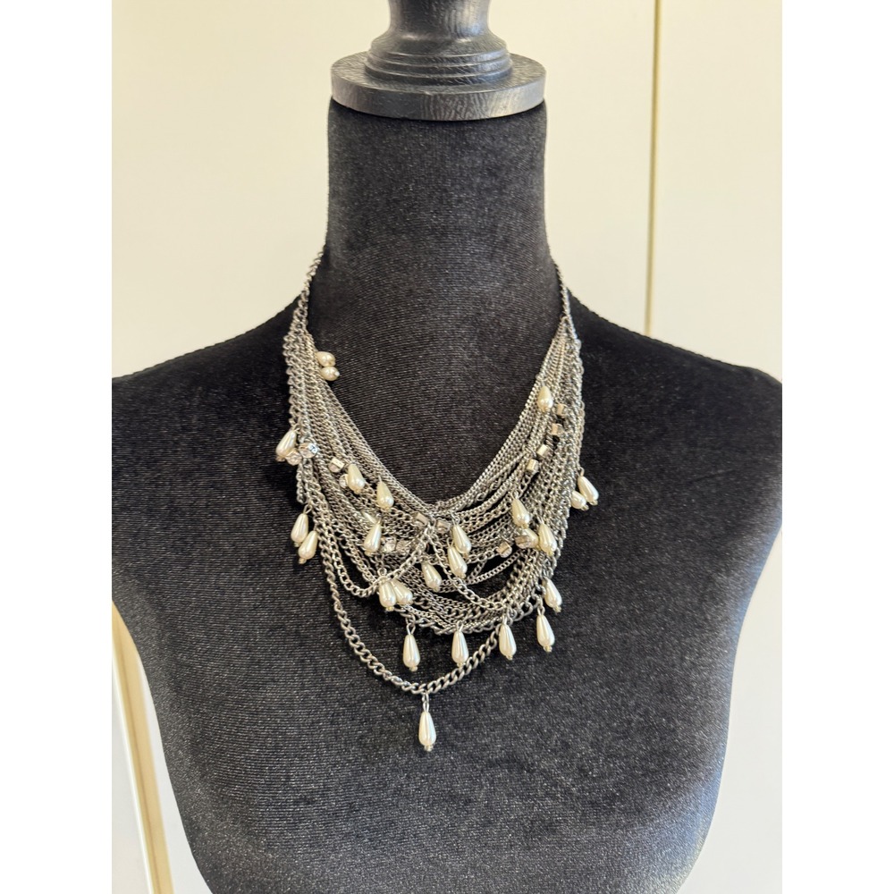 Silver Tone Multi Strand Bib Statement Necklace Faux Pearl Teardrop Rhinestone - Picture 3 of 5